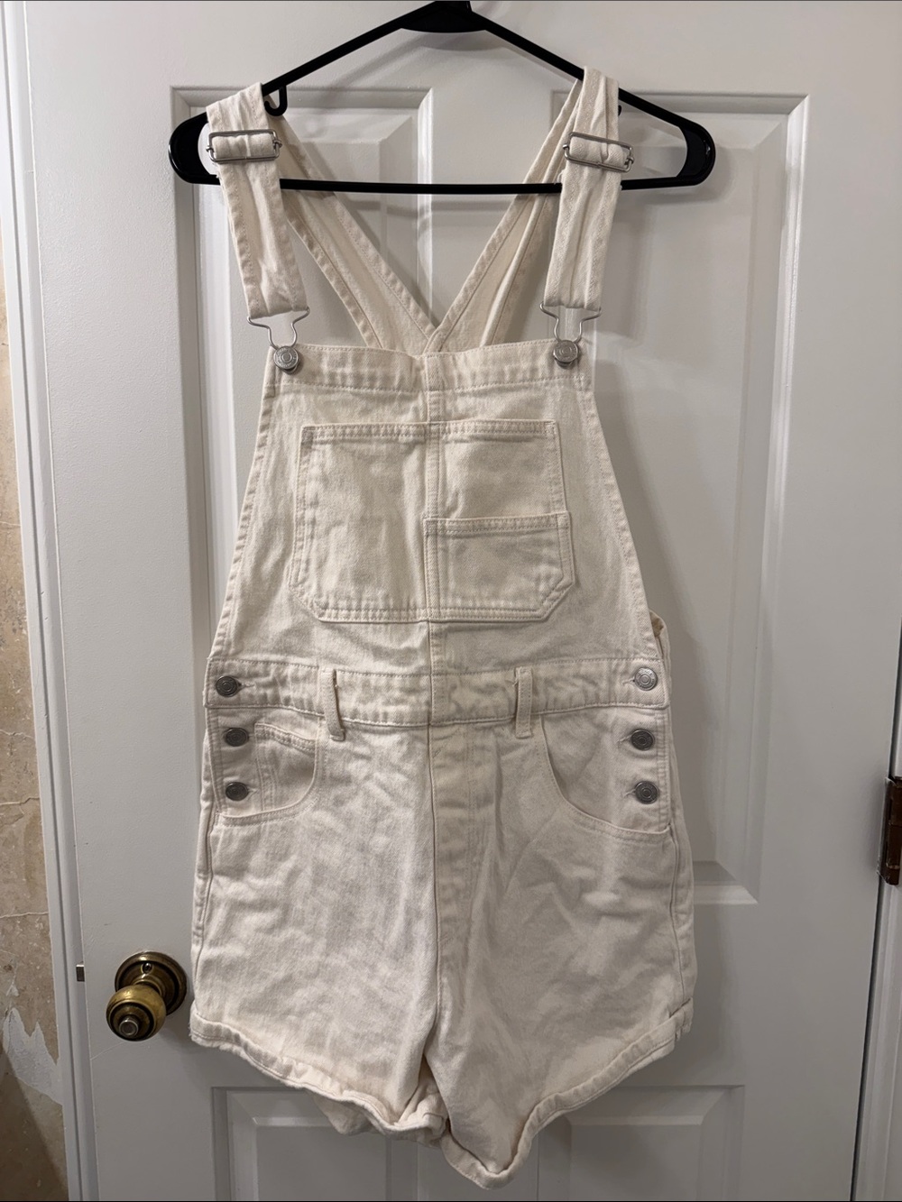 Quince Cream Short Denim Overalls
